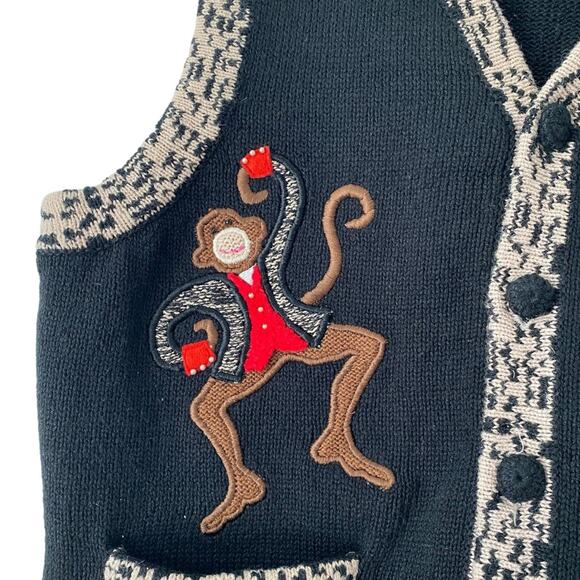 Vintage Bell Pointe 90s MonkeyEmbroidered Sweater Black Vest Tan size small - Picture 4 of 8
